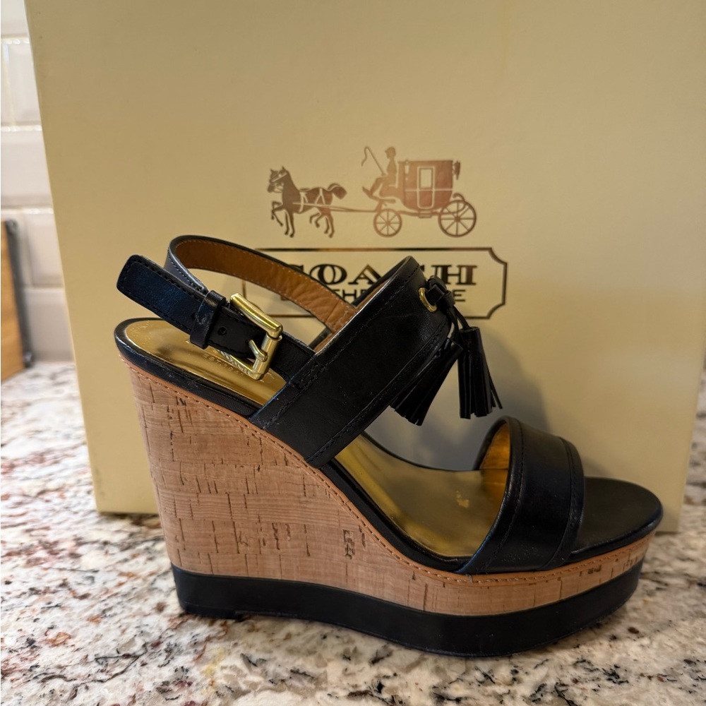 Coach Black and Tan Wedge Sandals with Tassels